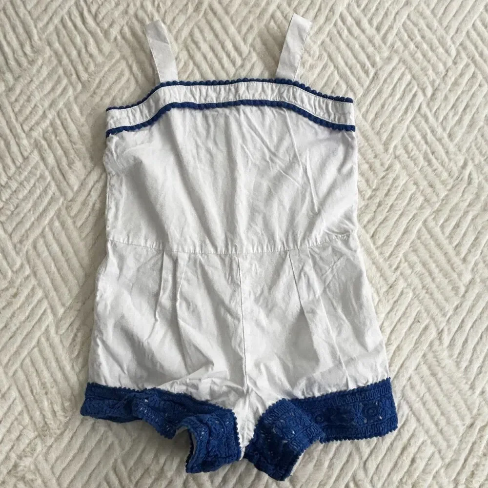 Janie and Jack Girls White Blue Trim Romper Size 7 NWOT Summer Eyelet Lace